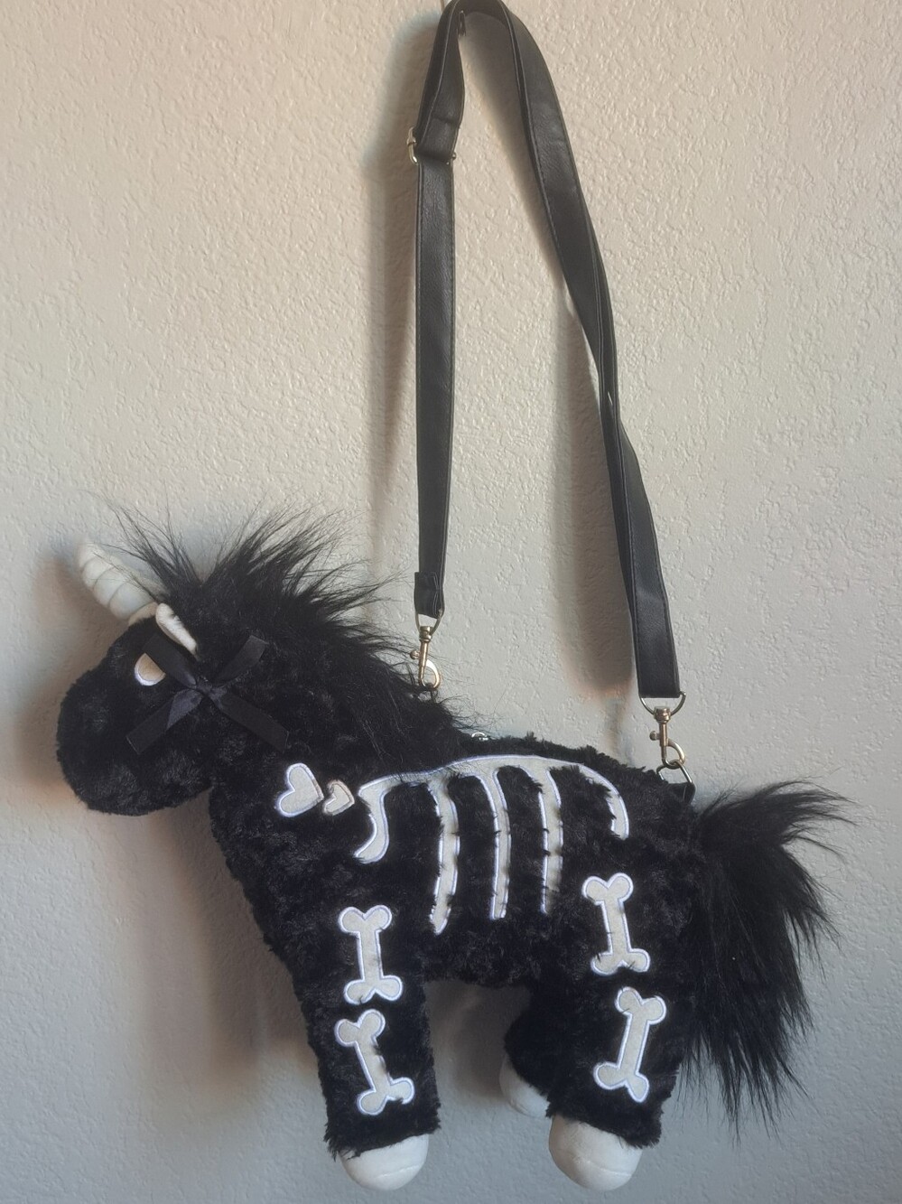 Dolls Kill Black Goth Dead Skeleton Furry Plush Unicorn Novelty Purse Bag